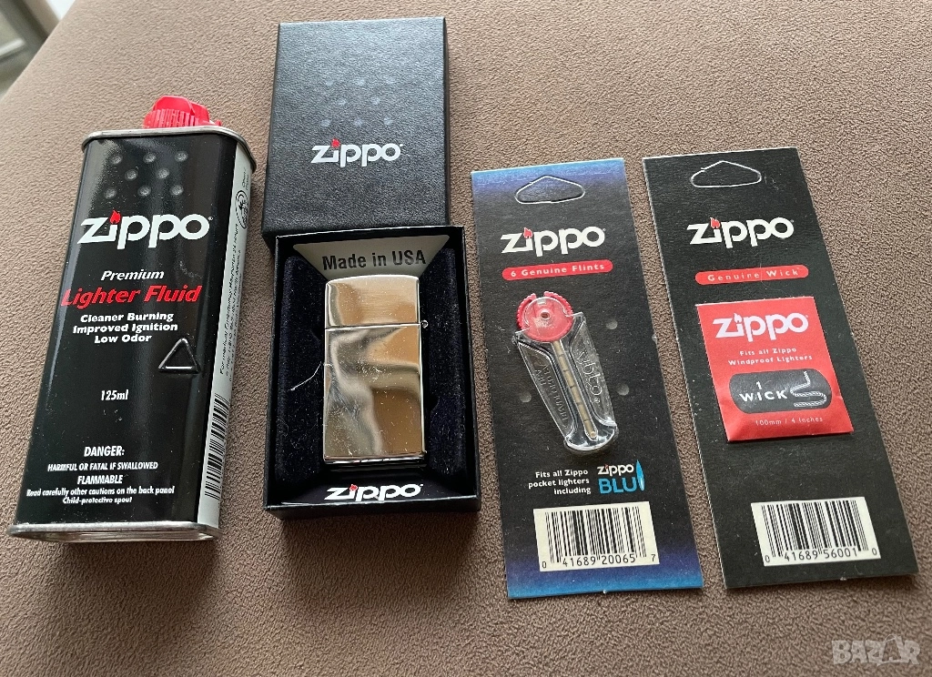 Комплект-оригинална Zippo запалка+ оригинални аксесоари: пълнител 125 ml, камъчета и фитил, снимка 1