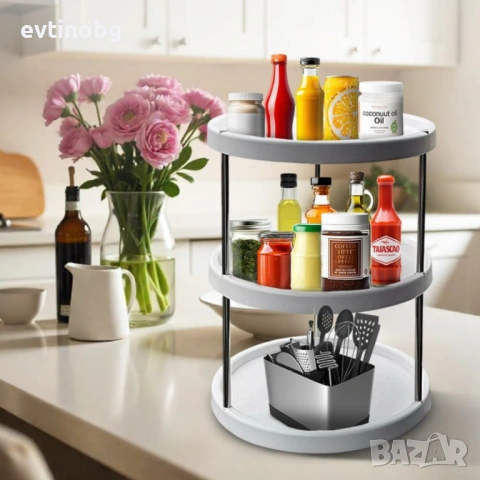 Въртяща се 3-етажна поставка – 360° организация за кухня, баня и дом, снимка 5 - Кутии за съхранение - 53833172