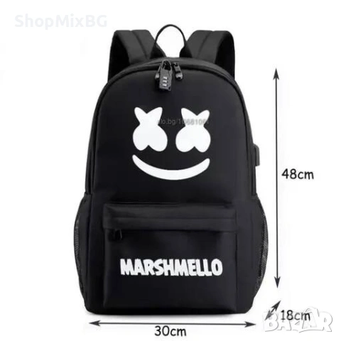  Светеща ученическа раница Marshmello с USB и AUX преходници , снимка 4 - Раници - 53506334