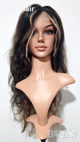 Естествена черна чуплива перука от бразилска човешка коса с руси кичури 75 см - Lace Front 13x6, снимка 6 - Аксесоари за коса - 53136499