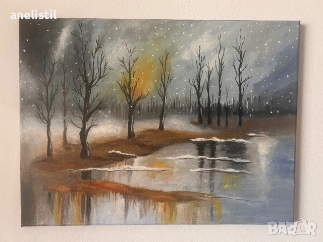 🖼 Оригинална авторска картина – зимен пейзаж (акрил)