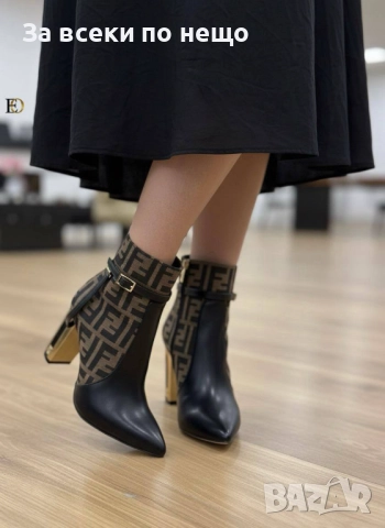 Fendi Дамски Черни Кожени Боти С Ток И Метален Детайл Фенди Код SK134