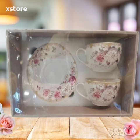 Подаръчен комплект от 2 броя порцеланови чаши за кафе 250ML с 2 чинийки, снимка 5 - Чаши - 52712606