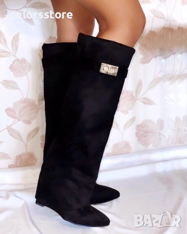 Ботуши на платформа - черен велур - K-40, снимка 3 - Дамски ботуши - 38312317
