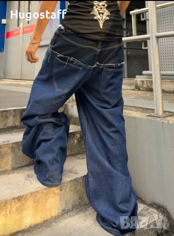 Нови baggy Casual Loose Fit Jeans дънки панталони карго двойни черно сини дизайн размер 34, снимка 3 - Дънки - 52513383