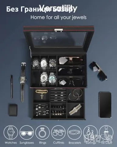 Нова Кутия за часовници и бижута – 6 слота, ключалка, стъклен капак, снимка 5 - Други стоки за дома - 49867570