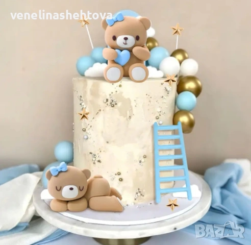Комплект фигурки мече сърце заспало мече топки звездички декорация торта парти бебе момче, снимка 2 - Други - 53398507