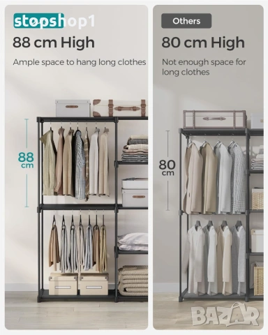 SONGMICS Отворен гардероб, Самостоятелен гардероб с вертикален рафт, Закачалка за палта с етажерки з, снимка 7 - Гардероби - 53860240