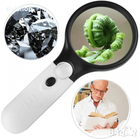 Джобна мини лупа с 3 LED диода и два обектива (3X + 45X)  2202
