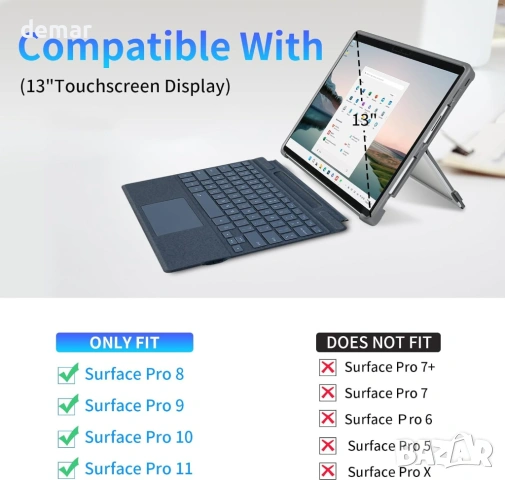 Защитен калъф за Microsoft Surface Pro 11/10/9/8 13-инча с каишка и стойка, сив, снимка 2 - Калъфи, кейсове - 53053498
