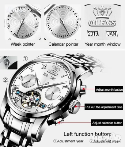 Olevs Automatic Skeleton HD Luminous Calendar, Мултифункционален, 3 ATM, снимка 17 - Мъжки - 46975116