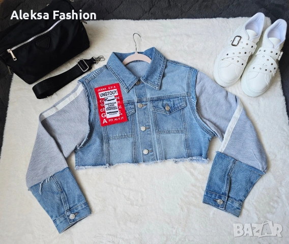 Дамско късо дънково яке с ръкави от плат , снимка 11 - Якета - 52819452