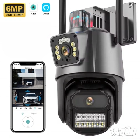 Двойна IP WiFi камера 6MP с 2 лещи, въртяща се, нощно виждане, ICSee