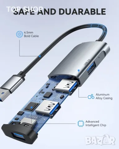 Нов алуминиев свръхскоростен USB сплитер за трансфер на данни Хъб лаптоп, снимка 6 - Захранвания и кутии - 49451207