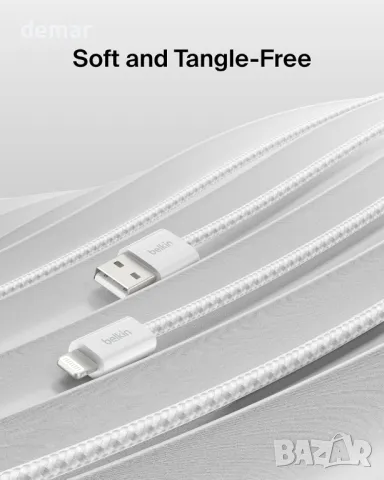 2 броя Belkin плетен USB-A към Lightning кабел 1,5 м - мек, гъвкав кабел за бързо зареждане, бели, снимка 4 - Аксесоари за Apple - 50422965