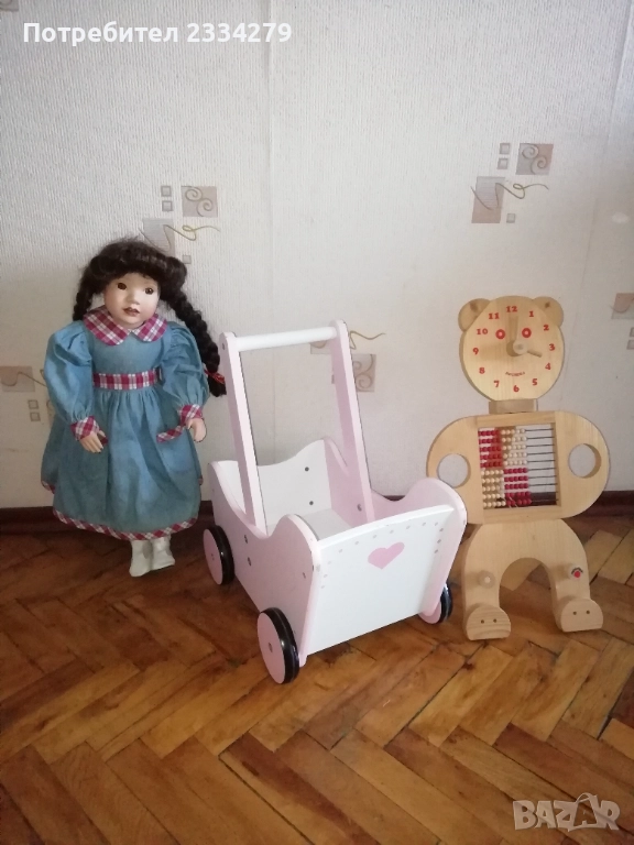 Порцеланова кукла, децка количка за кукли и дървено сметало,,Мечок" всичко е немско. , снимка 1