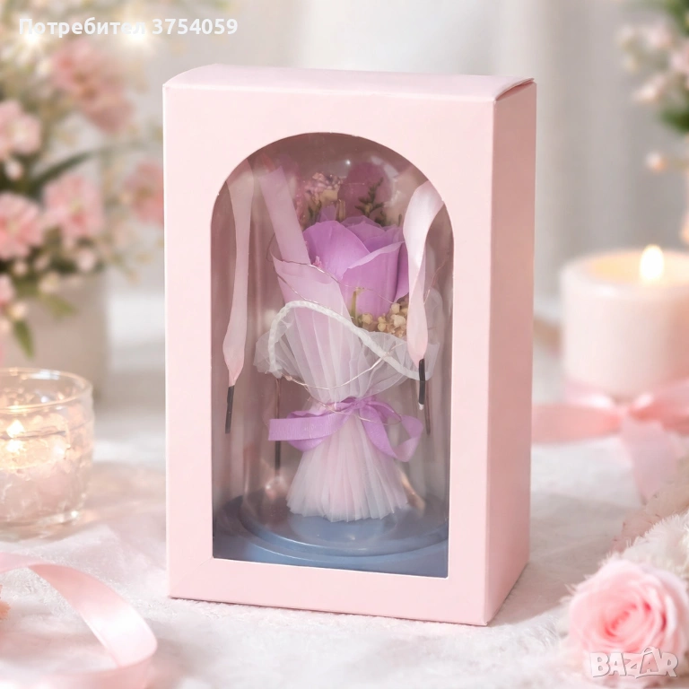 Декоративна роза в стъклен купол - В подаръчна кутия, снимка 1