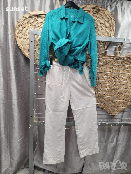 ЛЕНЕН бял панталон широки крачоли- S+ ЛЕНЕНА риза тюркоаз -M, снимка 1
