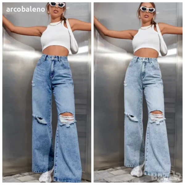 Дамски скъсани странични дънки с висока талия, 2цвята, снимка 1