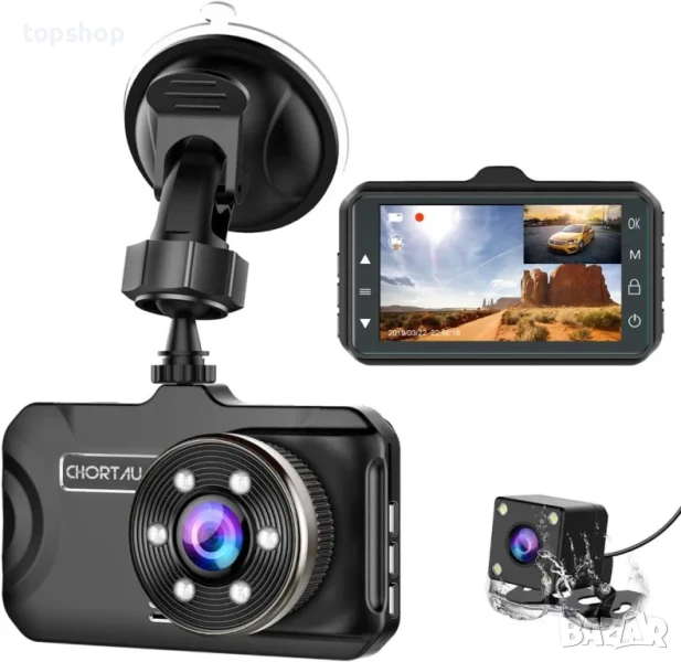 Dashcam предна и задна камера за кола CHORTAU 32GB Карта 1080P 3" IPS Loop Recording, снимка 1