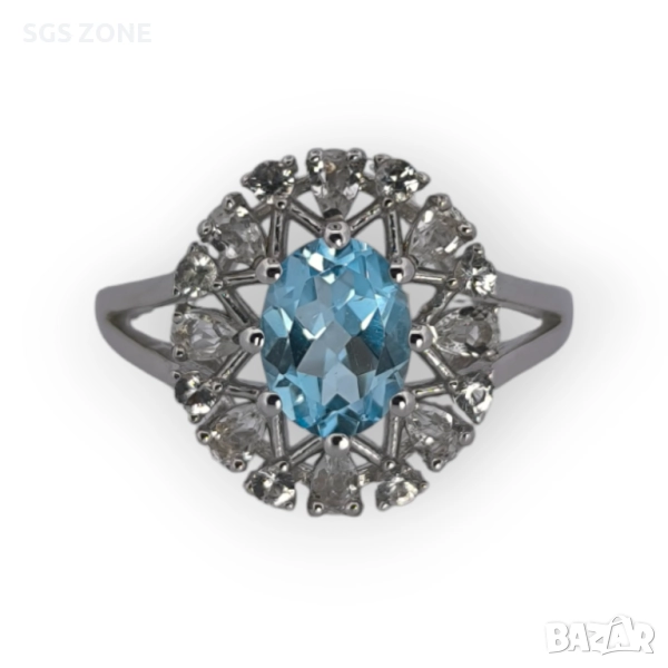 СРЕБЪРН ПРЪСТЕН С НАТУРАЛЕН СИН ТОПАЗ И МАЛЪК ПРОЗРАЧЕН ТОПАЗ, снимка 1