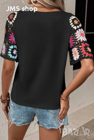 Дамска бохо блуза с плетени на една кука ръкави с флорални мотиви, 2цвята , снимка 5 - Тениски - 44969903