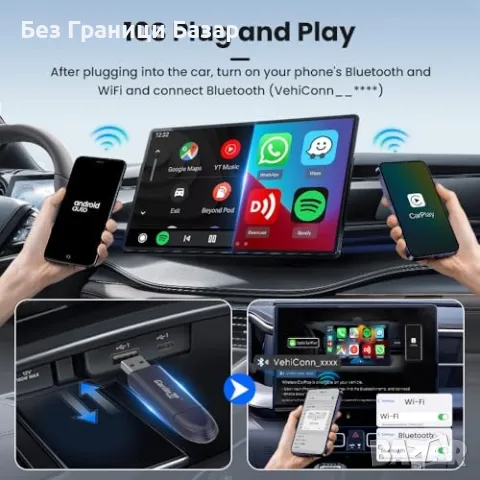 Нов Безжичен CarPlay Android Auto Адаптер за OEM Авто 2015–2025 кола, снимка 2 - Друга електроника - 50034294
