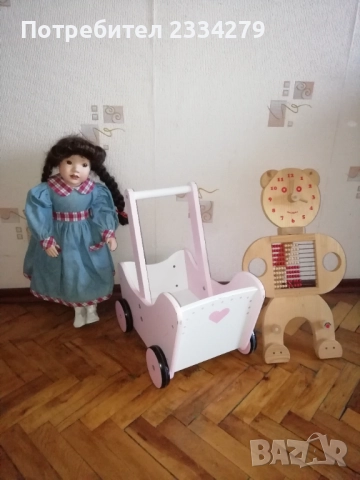 Порцеланова кукла, децка количка за кукли и дървено сметало,,Мечок" всичко е немско. 