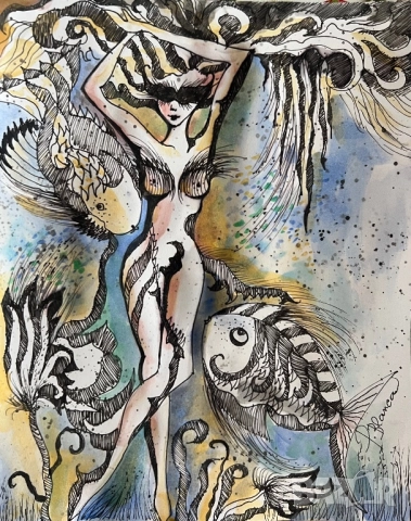 Картина женско голо тяло с риби