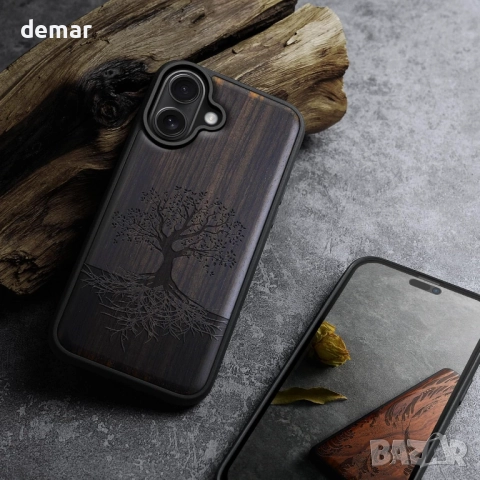 Дървен магнитен калъф Carveit за iPhone 17, гравирано дърво и черен мек TPU, снимка 3 - Калъфи, кейсове - 52119302