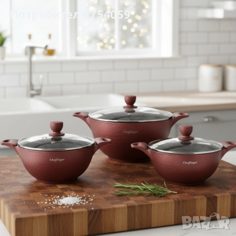 Комплект от 3 тенджери Cheffinger с мраморно покритие 20/24/28 см с капаци – незалепващи съдове за в, снимка 6 - Съдове за готвене - 53151913