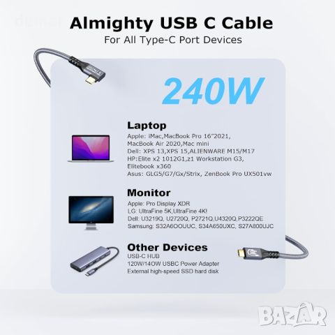 Кабел CHENLENIC 20Gbps, USB C 3.2 Gen 2, 2 x 2 метра, Type C 4K@60Hz UHD Video 5A/240W PD3.1, снимка 9 - Кабели и адаптери - 46643630