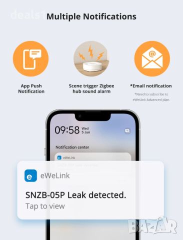 SONOFF SNZB-05P Комплект Сензор за изтичане на вода +  Кабел за откриване на течове, снимка 11 - Друга електроника - 46599478