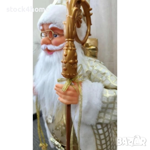 Елегантен златист Дядо Коледа с дълго палто, пухкава тапицерия и аксесоари, снимка 2 - Декорация за дома - 52525016