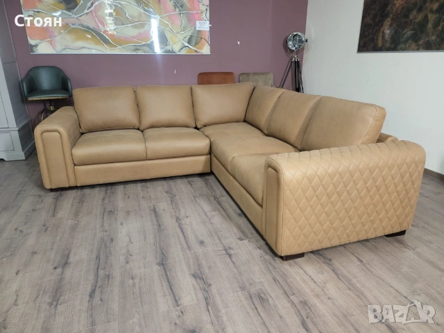 Светло кафяв кожен ъглов диван, снимка 5 - Дивани и мека мебел - 53833466