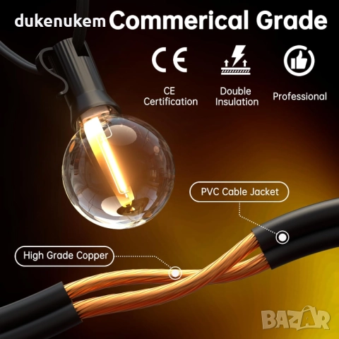 LED лампички за външна употреба 10м, 25+3 G40 крушки, IP44, топло жълта светлина, снимка 3 - Лед осветление - 52303315