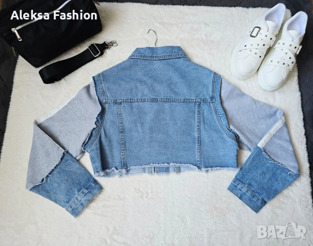 Дамско късо дънково яке с ръкави от плат , снимка 2 - Якета - 52819452