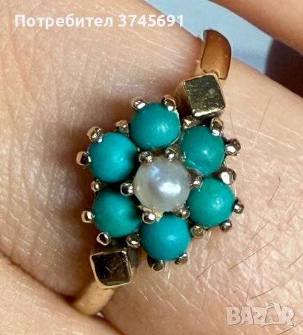 Английски пръстен с тюркоаз и перла 9К