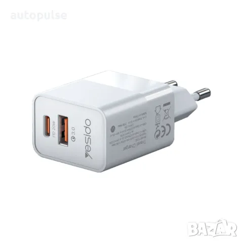 Зарядно устройство за контакт YESIDO 20W, 1xUSB-A, 1xUSB-C, 230V, снимка 4 - Оригинални зарядни - 46946976