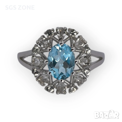 СРЕБЪРН ПРЪСТЕН С НАТУРАЛЕН СИН ТОПАЗ И МАЛЪК ПРОЗРАЧЕН ТОПАЗ