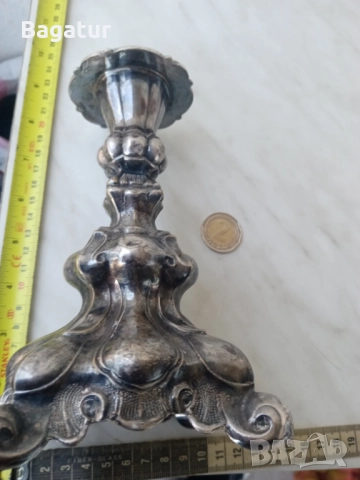 Фламандски свещник,19век,маркиран, арт нуво, посребрен, Ррр!, снимка 13 - Антикварни и старинни предмети - 52525671