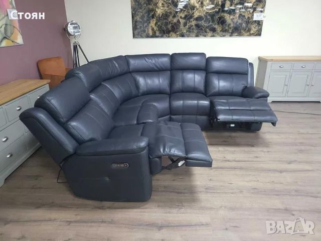 Черен кожен ъглов диван с електрически релаксиращ механизъм Gracy, снимка 4 - Дивани и мека мебел - 46475382