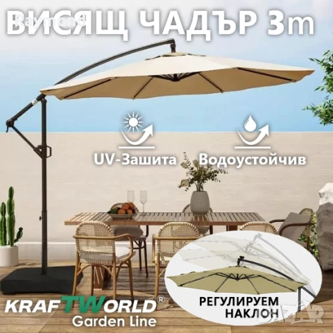 Градински Чадър с Регулируем Ъгъл и UV Защита – Ø300 см, 8 Ребра