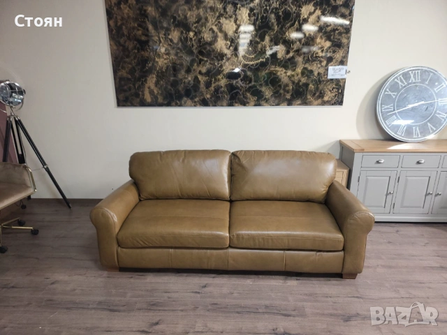 Светло кафяв кожен диван четворка, снимка 6 - Дивани и мека мебел - 53721125