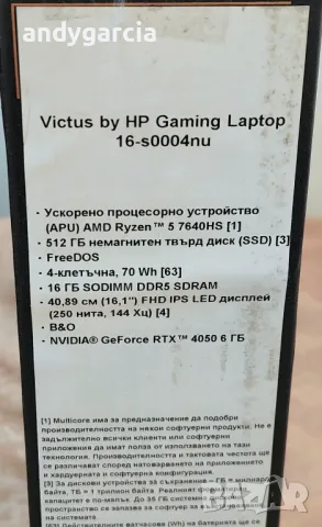 NVIDIA RTX 4050 6GB/AMD RYZEN 5 7640HS/16GB RAM/512GB SSD NVMe/144Hz FHD IPS/HP Victus 16 геймърски , снимка 5 - Лаптопи за игри - 47041450