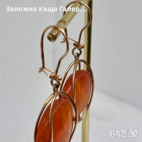 Винтидж златни обеци с кехлибар – съветско злато, проба 583, 7,41г, снимка 6 - Обеци - 54215707