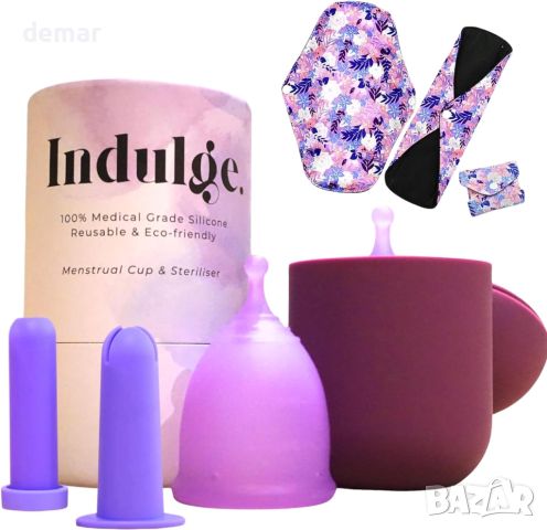 Indulge Менструална чашка за многократна употреба, препарат за почистване, апликатор, S, лилаво