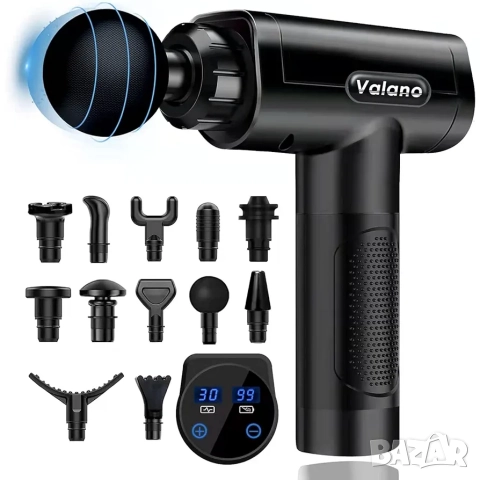 Масажен пистолет, 12 глави, 30 скорости, LCD екран, 6 часа автономност