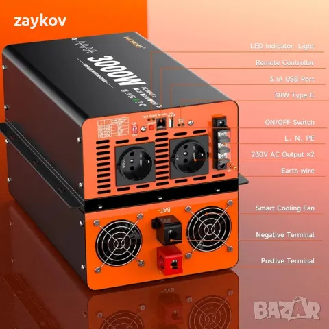3000W инвертор 12V 230V чист синусоидален преобразувател на напрежение с LCD, снимка 2 - Друга електроника - 50024092
