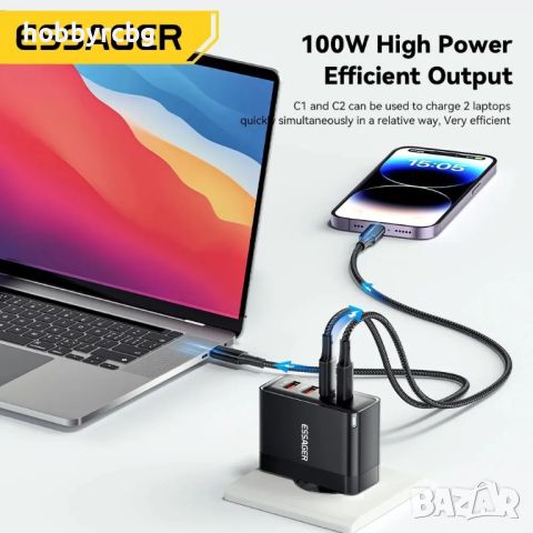 Бързо зарядно устройство GaN 100W 2x USB-А, 2x USB-C, черен или бял цвят, снимка 8 - Оригинални зарядни - 46395248